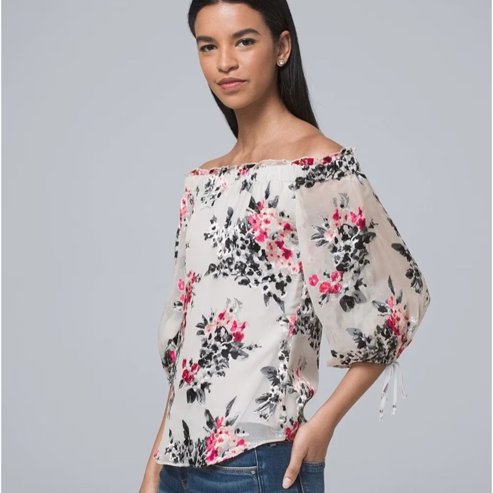 WHBM Silk-blend Floral Burnout off-the-shoulder Blouse